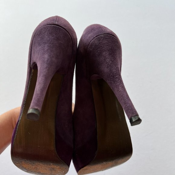 Stuart Weitzman Purple Suede Peep Toe Folded Bow Stiletto Pumps - Picture 7 of 16